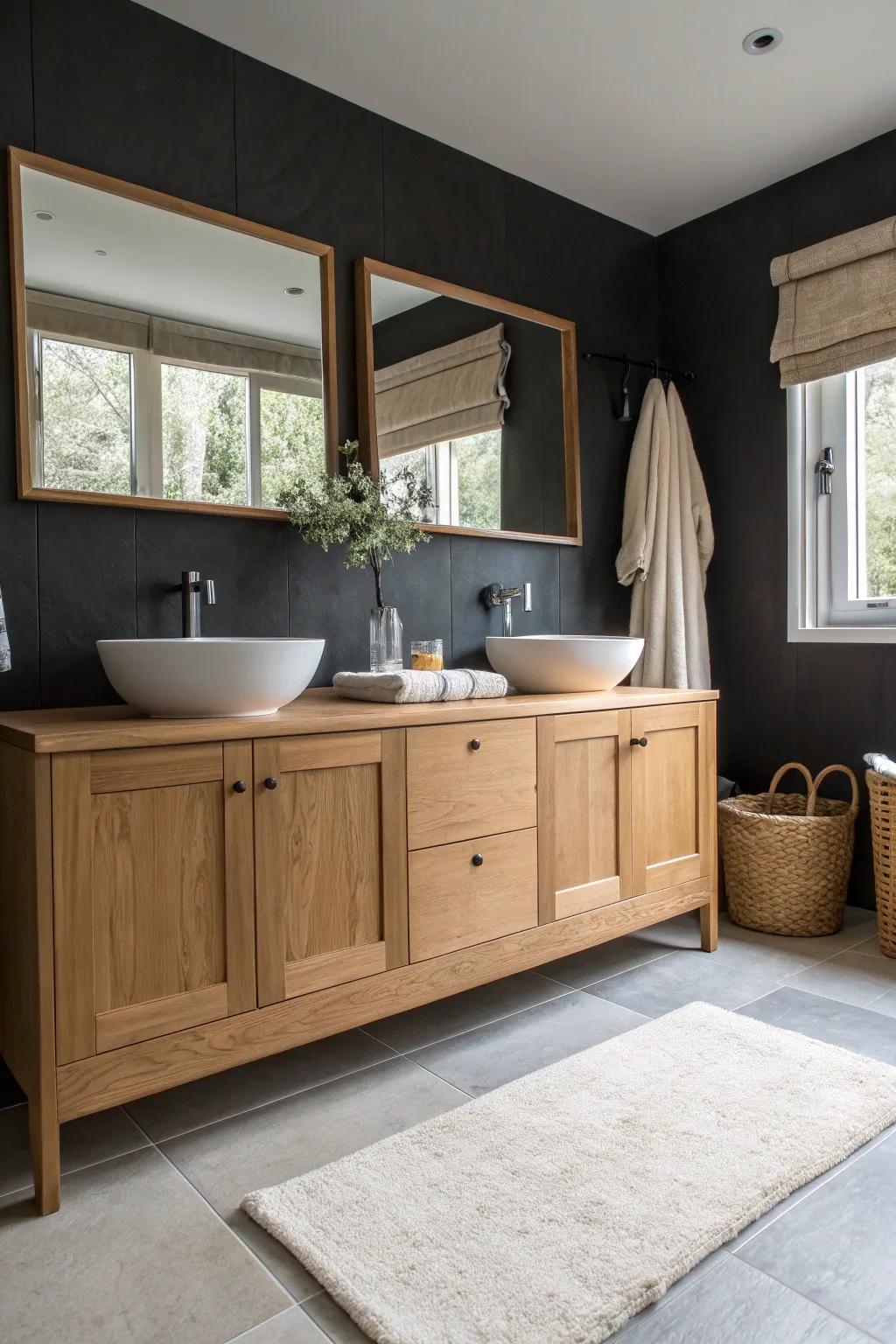 Oak cabinets contrasted with dark walls create a dramatic and elegant visual impact in the bathroom.
