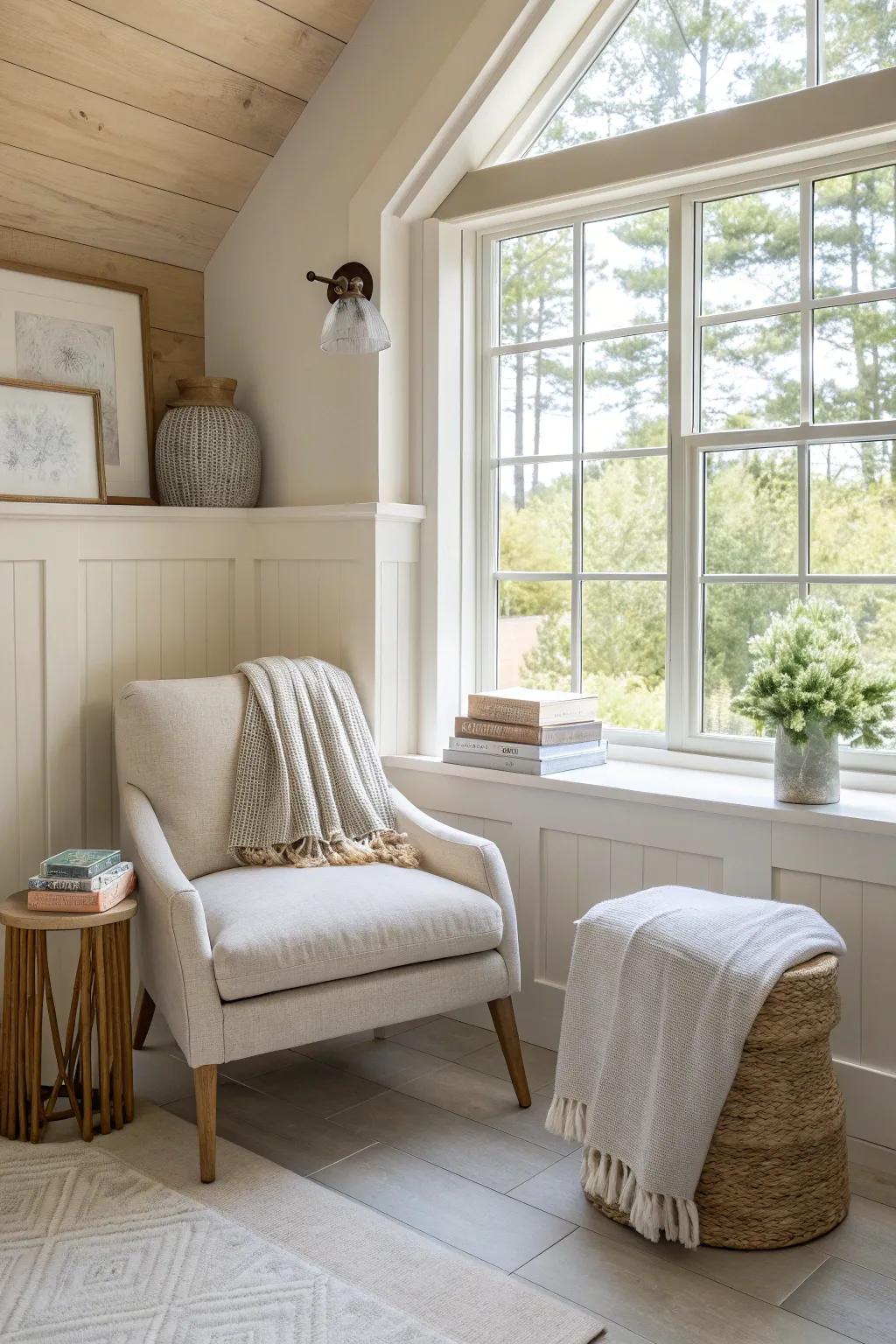 Unwind in your private nook, where comfort meets tranquility. #CozyNook #BathroomRetreat