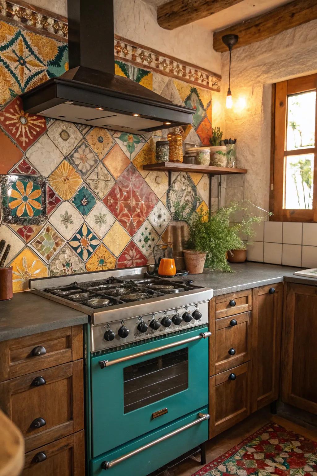 Brighten your kitchen with colorful mosaic tiles that create a lively and artistic atmosphere.
