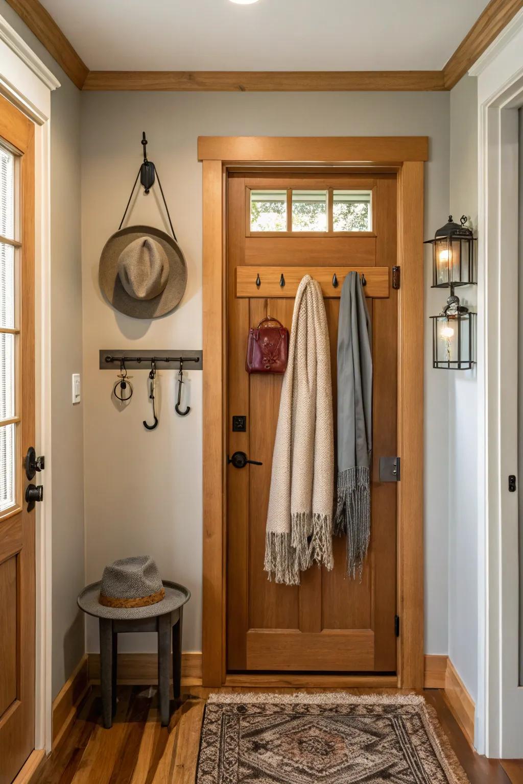 A coat rack behind the door adds convenience and style to your entryway.