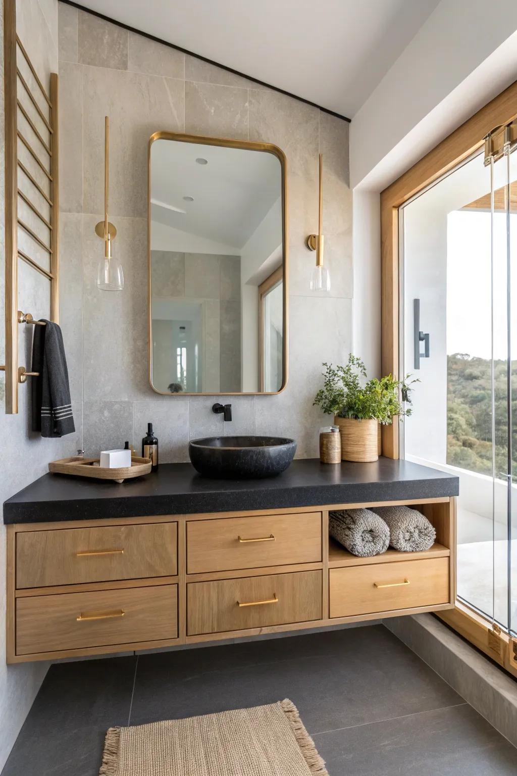 Create dynamic beauty with a mix of materials paired with black countertops.