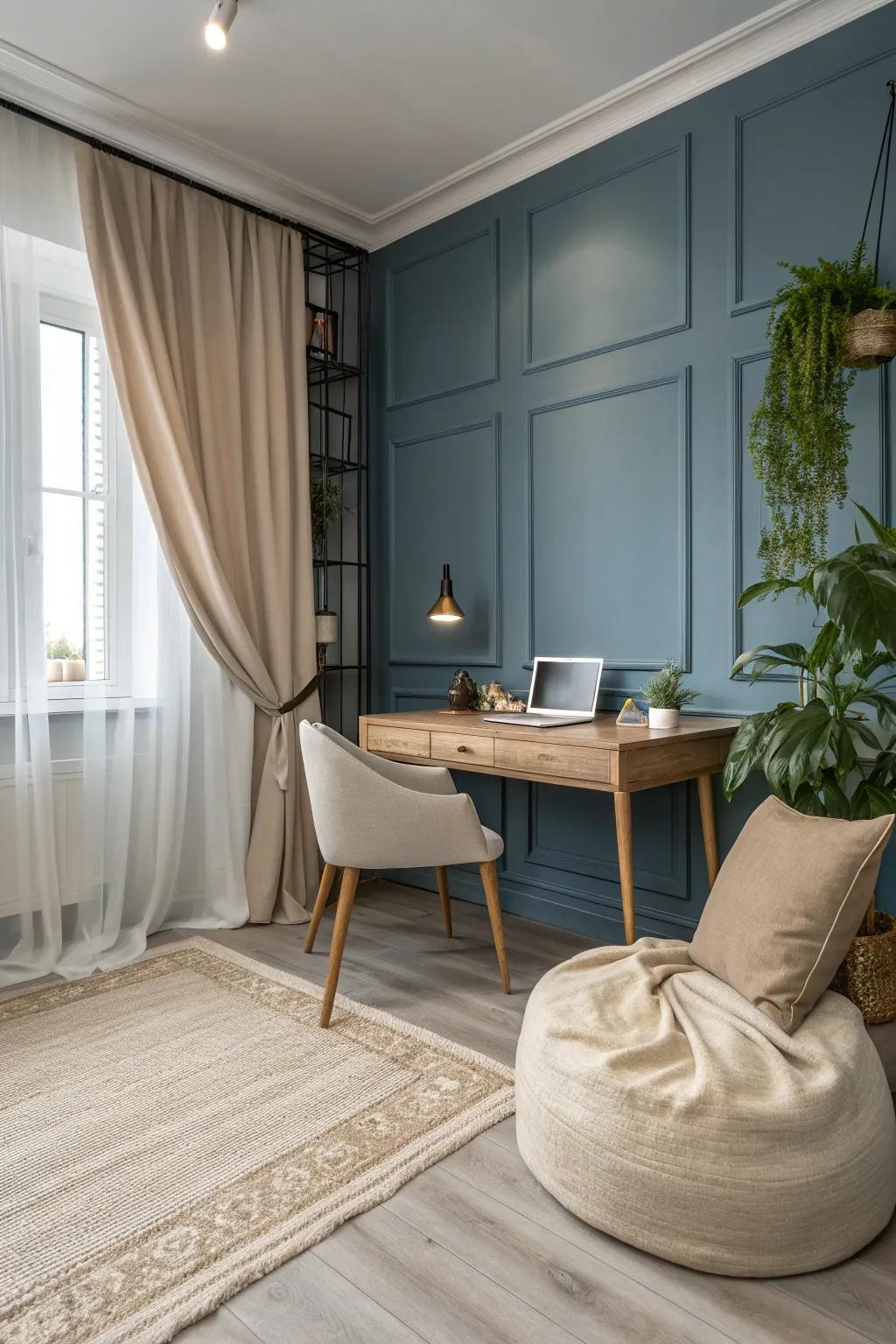 Create a peaceful study space with the calming tones of slate and sand.