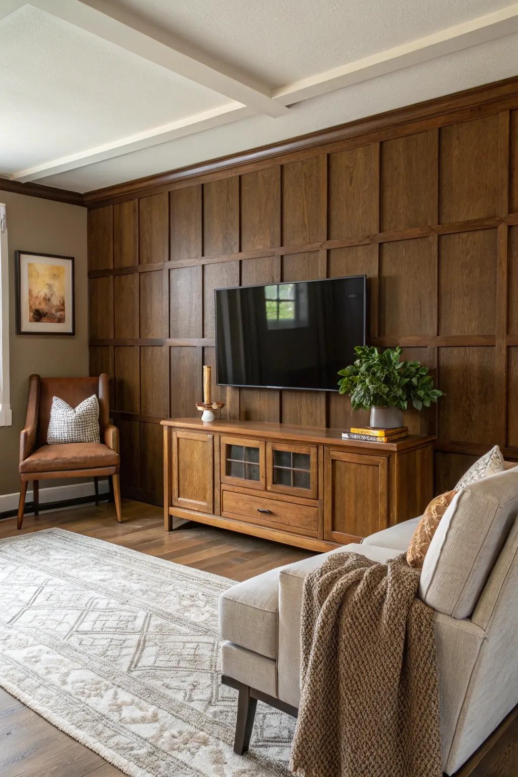 Embrace the natural beauty of warm wood tones for a cozy, inviting TV area.