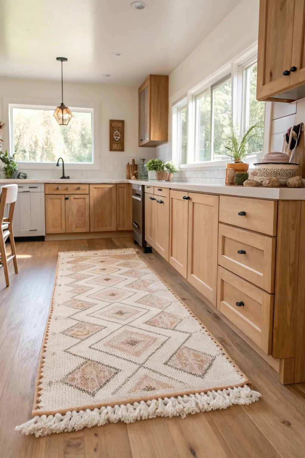 Add warmth to your kitchen with a cozy rug that ties the space together.