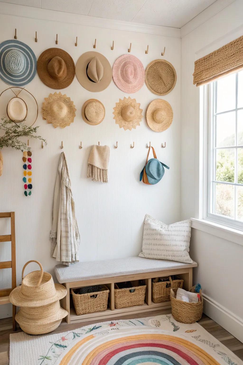 A stylish hat wall that doubles as decor and storage.