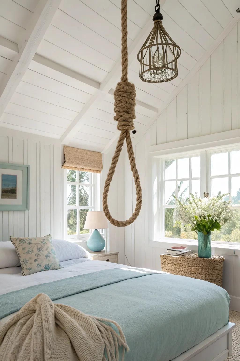Rope details add a playful nautical touch to your coastal-inspired bedroom. ⛵ #RopeDecor #NauticalStyle