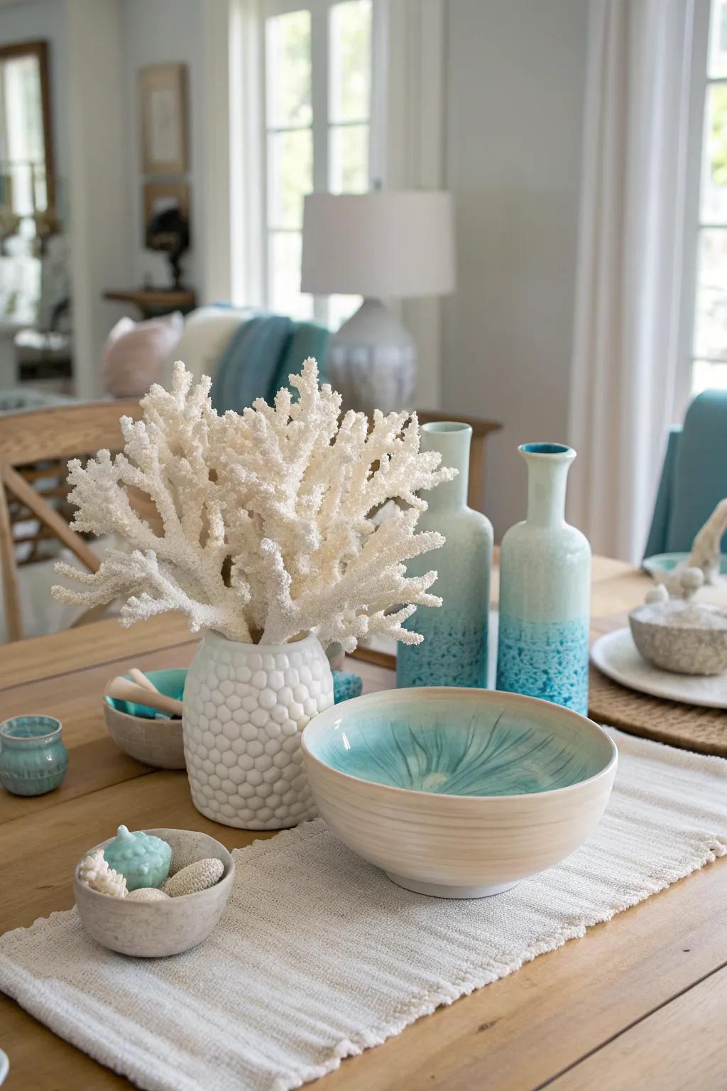 A coral centerpiece brings natural elegance and a touch of the ocean to your table.