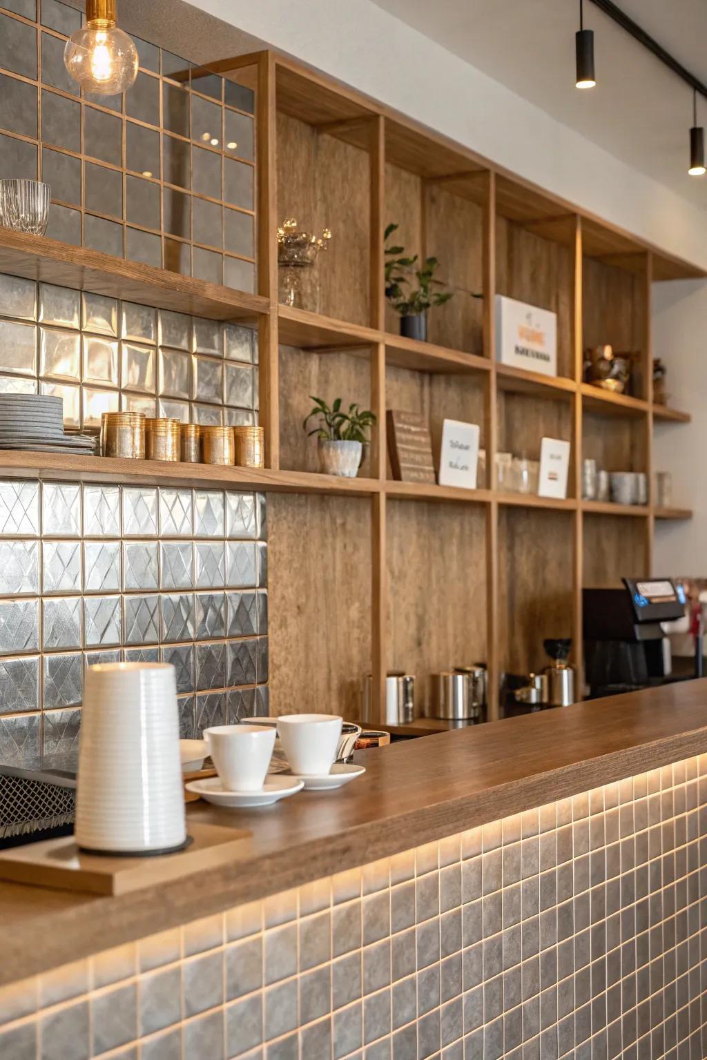 Add a modern edge with metallic tiles that shimmer with style.