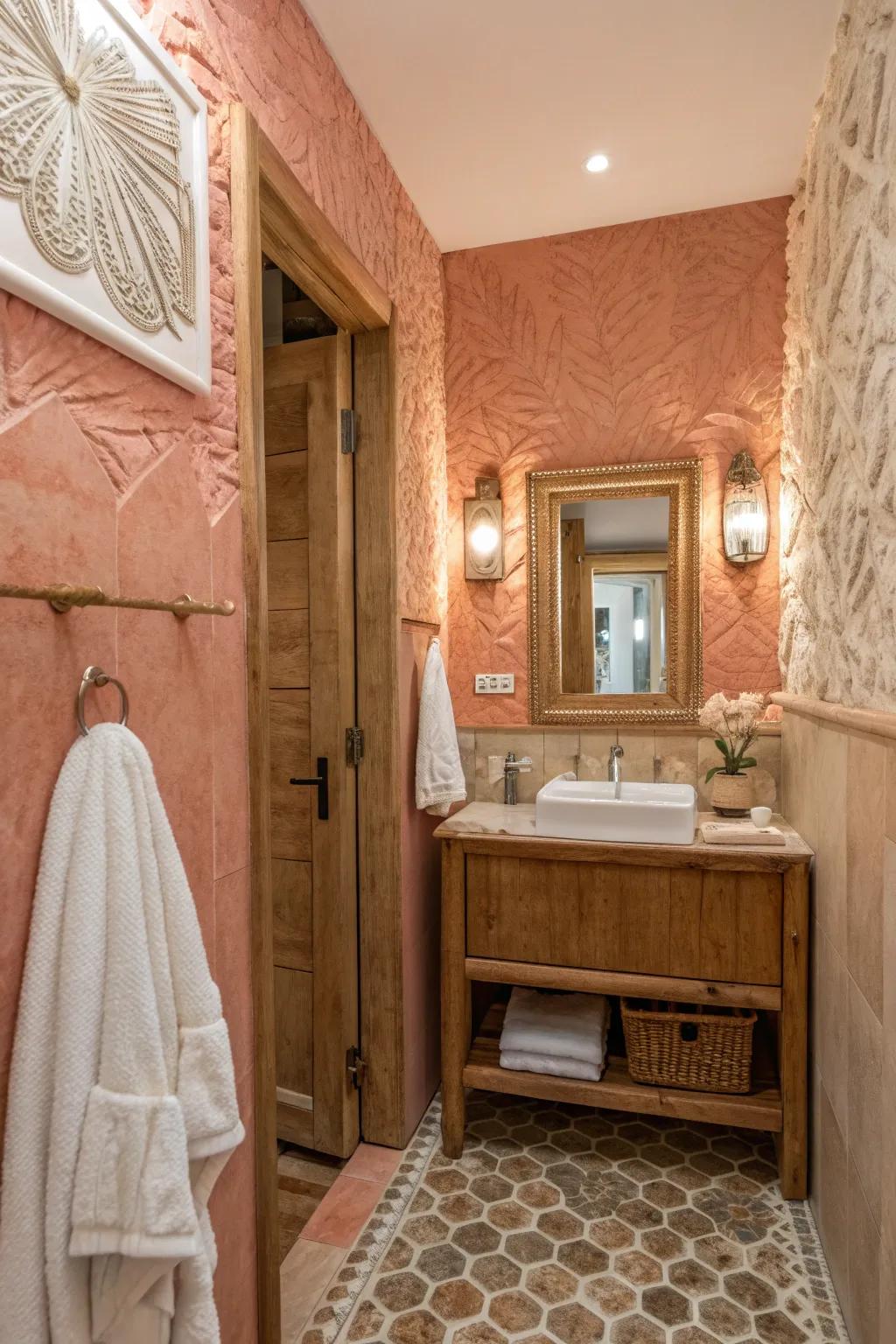 Textured coral walls bring depth and coziness to your bathroom.