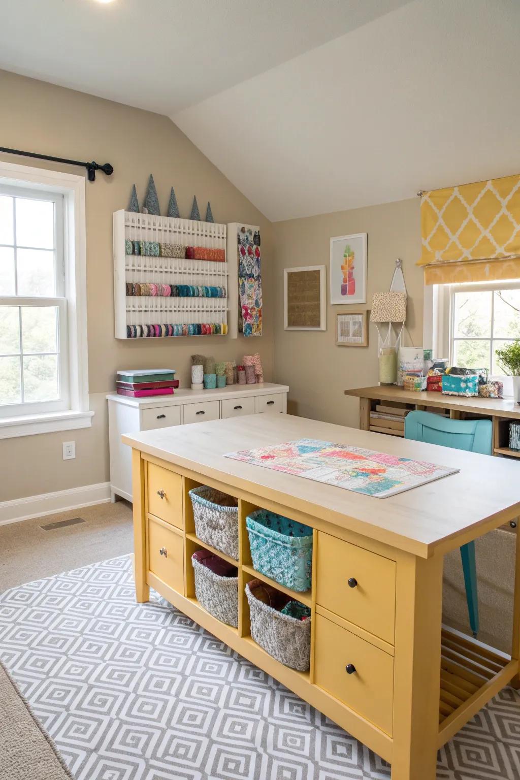 Create a warm and inviting craft room with neutral tones, offering a versatile backdrop for creativity.