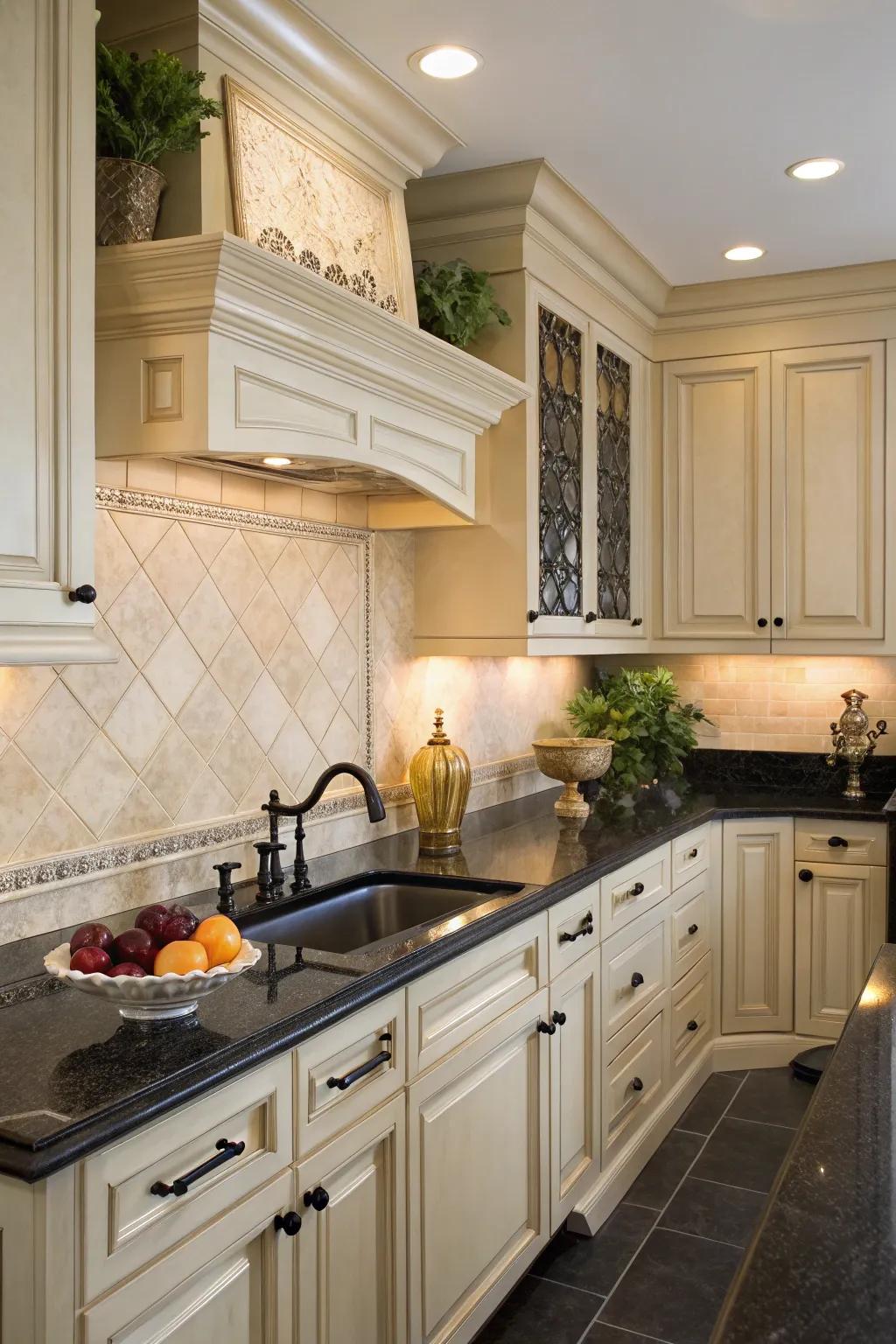 Add drama and sophistication with a cream backsplash and dark accents.