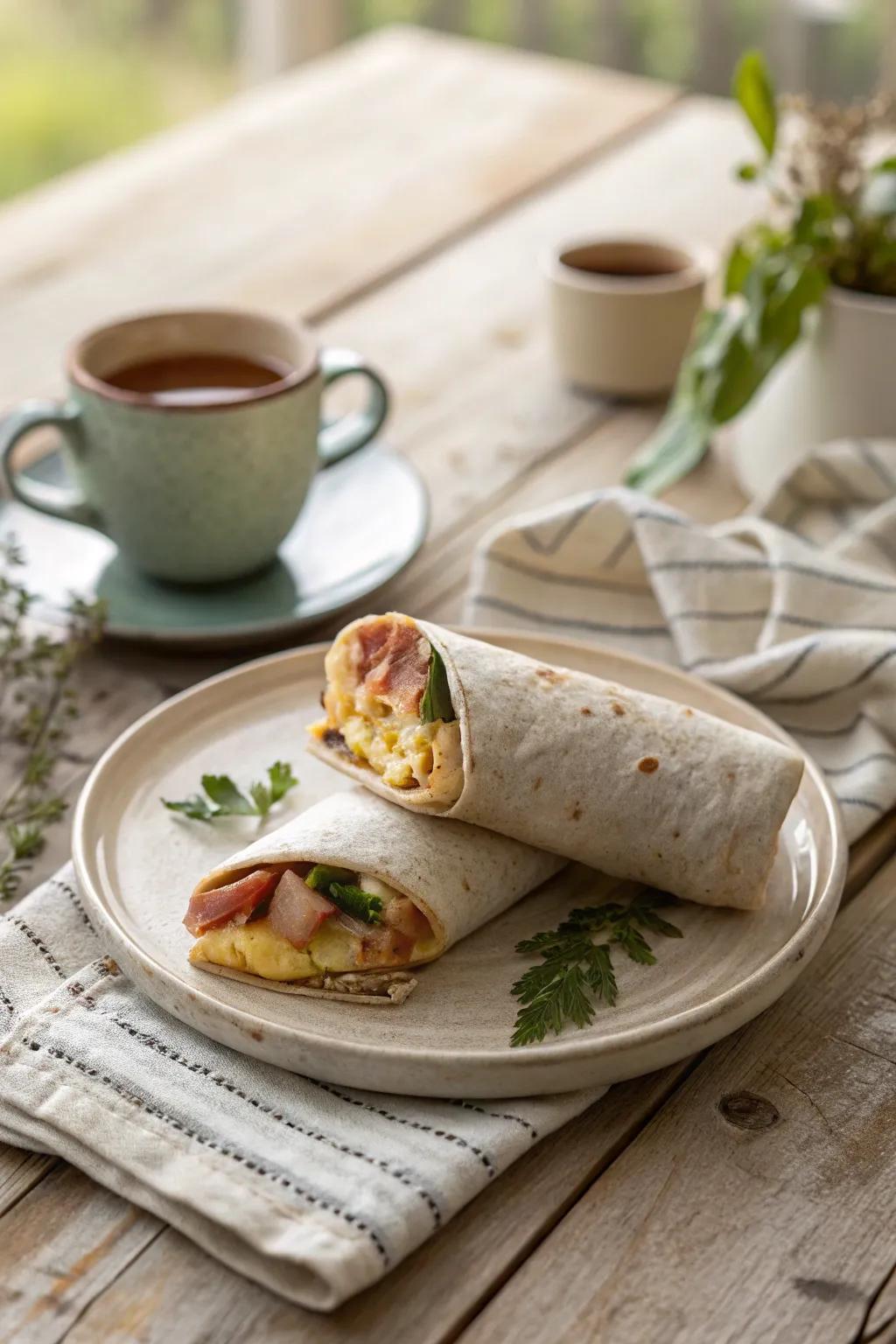 Wrap up your morning with a breakfast wrap, perfect for a delicious and portable meal. 🌯🥓 #BreakfastWrap #MorningFuel