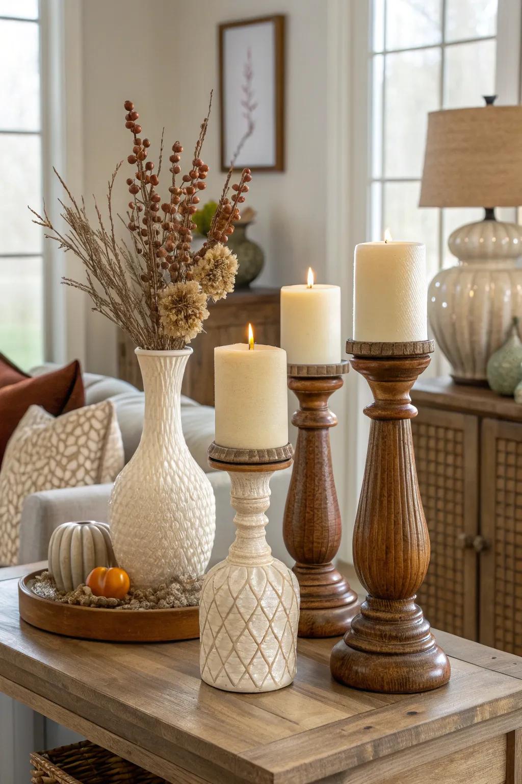 Mix and match heights and shapes for an artful arrangement that draws the eye.