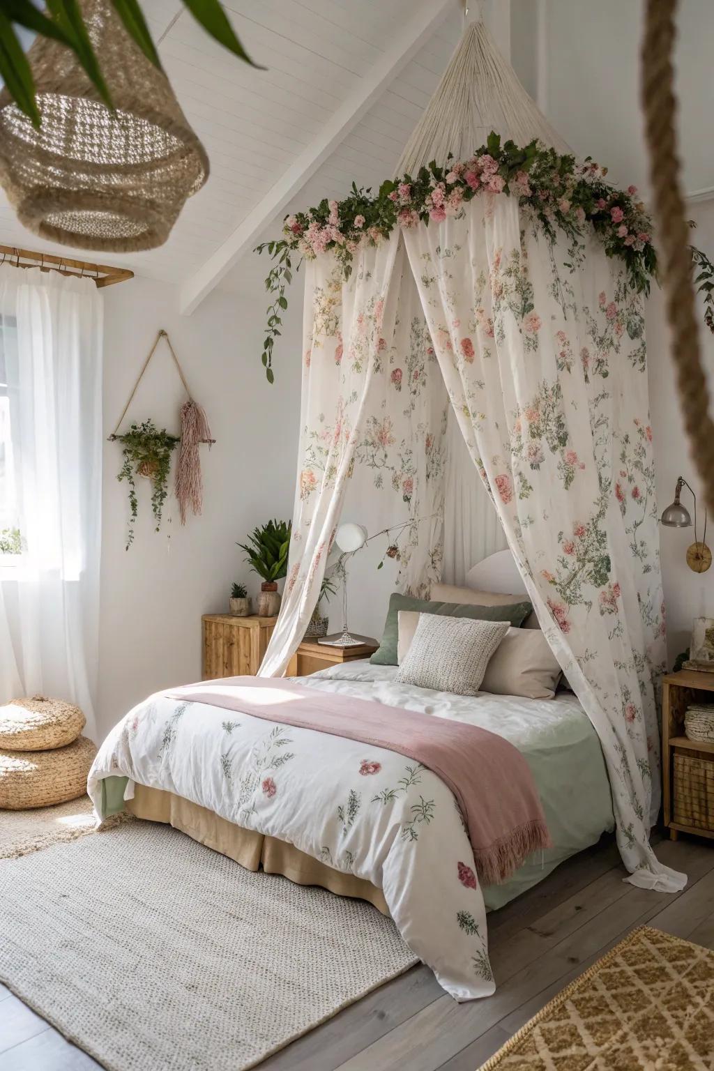 A floral canopy turns your bed into a dreamy escape. 🌿 #DreamyBedroom #FairyTale