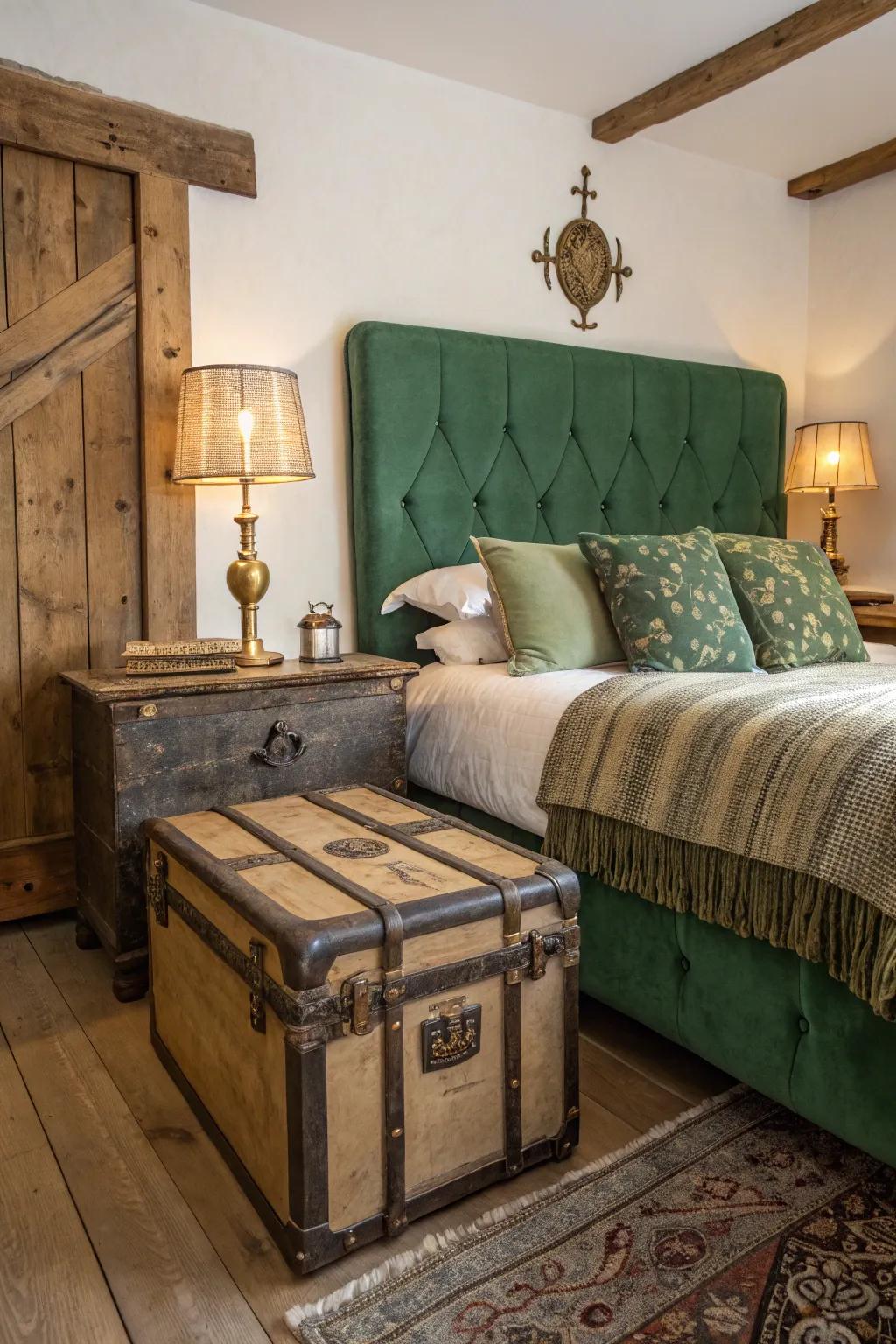 Find comfort in a rustic retreat where a green headboard meets vintage elegance.