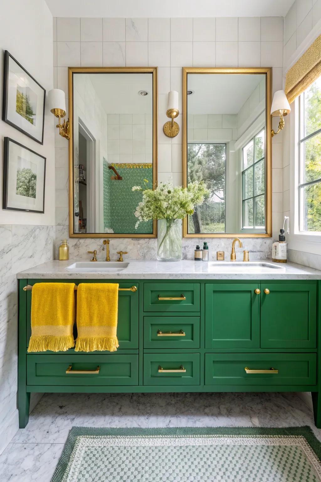 Achieve a sleek, modern look with a floating green vanity that maximizes space.