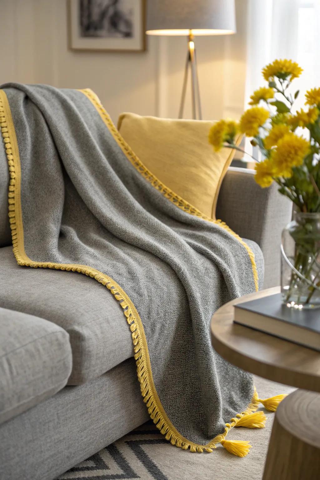 Add charm to your sofa with a grey throw featuring a delicate yellow edge.