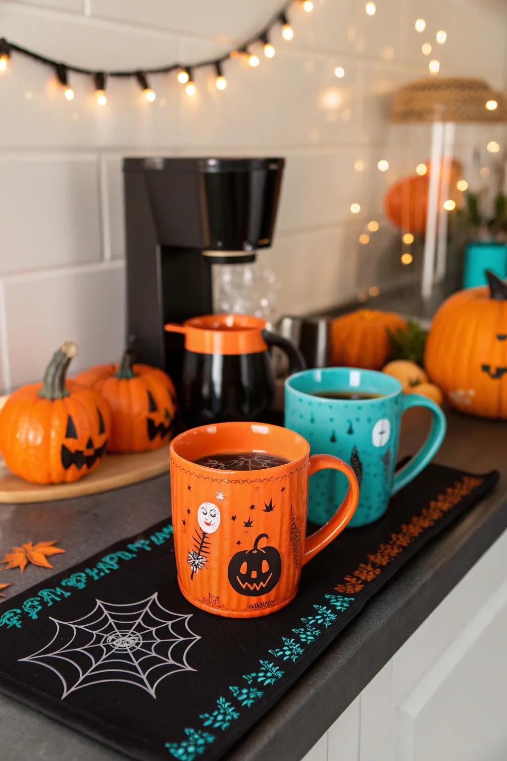 Start your day with a spooky twist at a Halloween-themed coffee station.