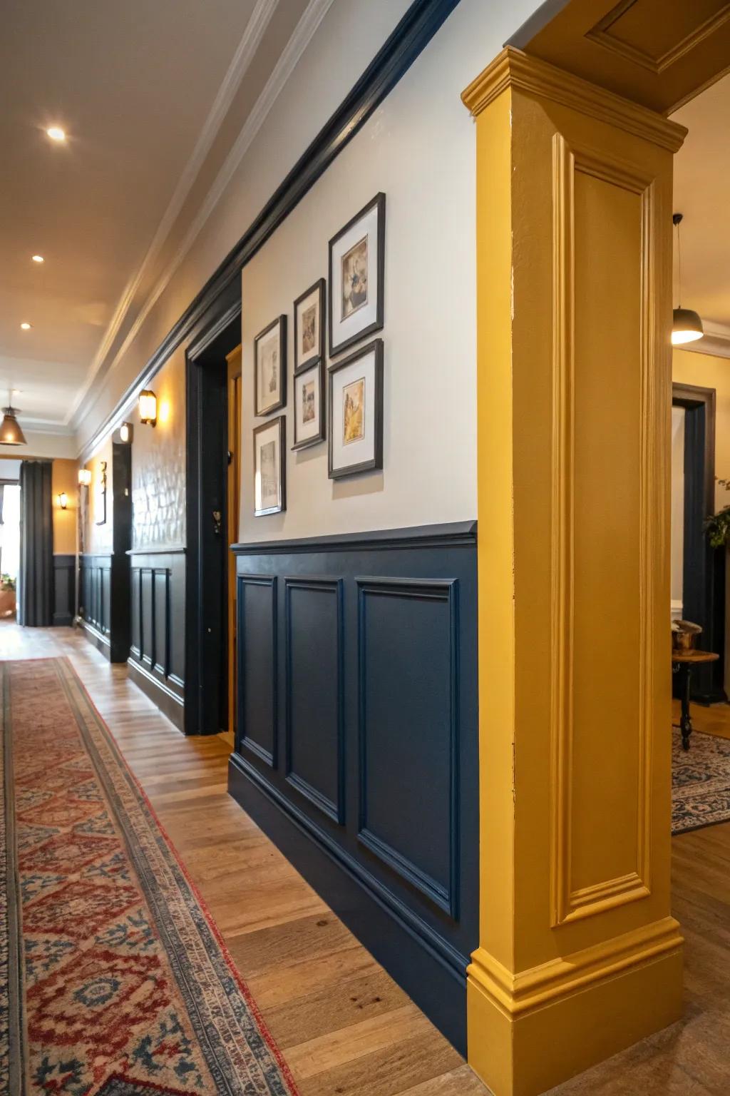 🎨 Add a splash of color to your hallway with bold, vibrant moldings. #ColorfulHomes #AccentDesign #BoldInteriors