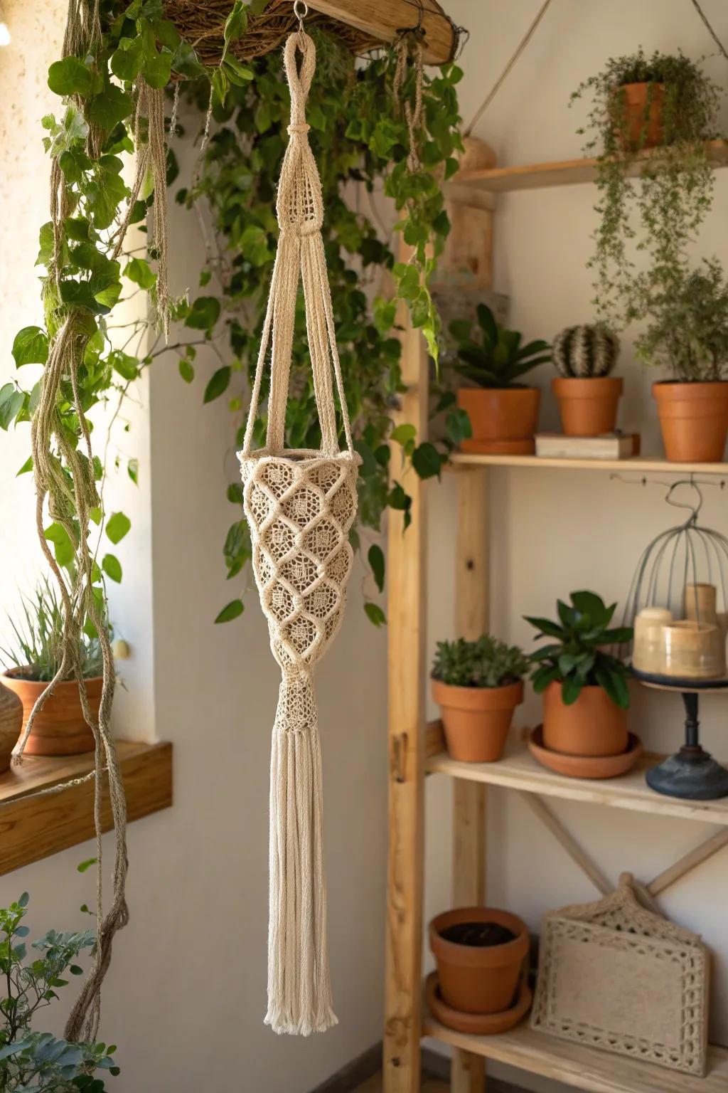 Bring bohemian vibes into your home with macrame plant hangers that showcase your greenery beautifully.