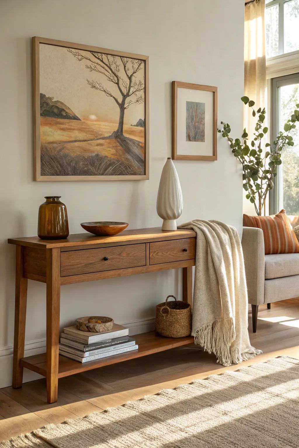 Break the norm with off-center artwork for a playful touch.