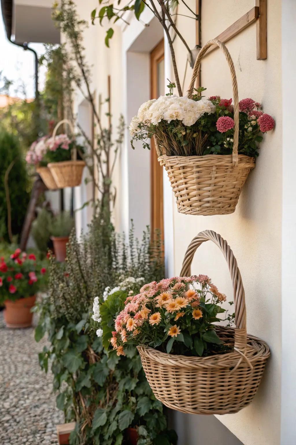 Wicker baskets filled with blooms offer a rustic touch to your garden space. 🌺 #GardenStyle #RusticCharm