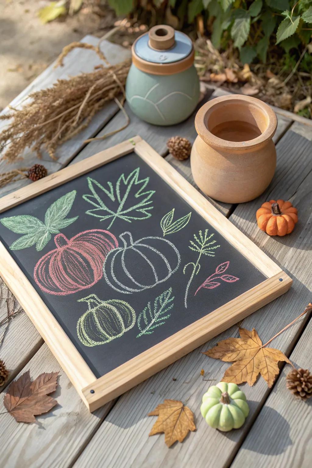 Nostalgia meets creativity in this chalkboard-themed harvest display. #ChalkboardArt #HarvestNostalgia