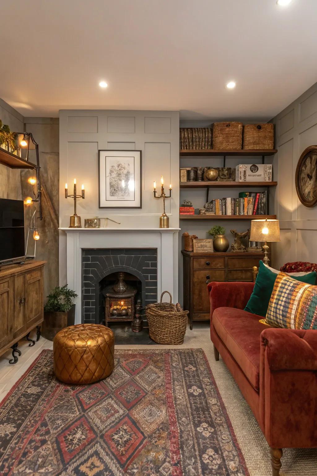 Eclectic decor adds personality and playfulness to your hearth room.