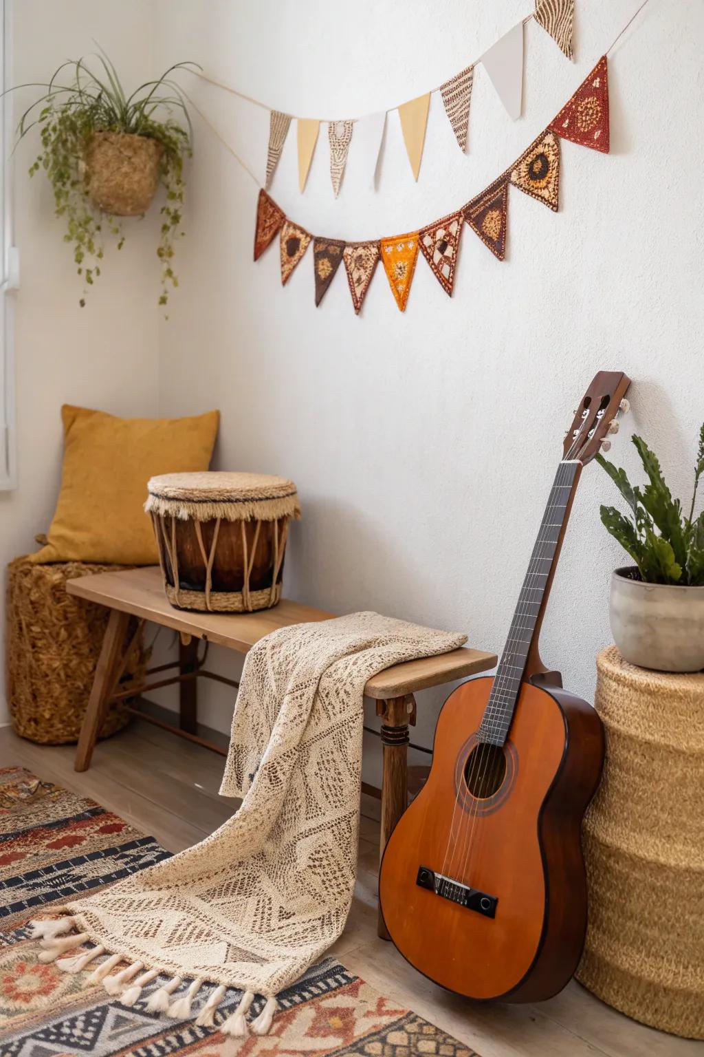 Let the music play with a corner dedicated to traditional instruments and cultural rhythms.