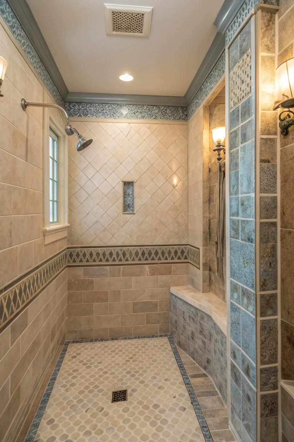 Balance shine and subtlety with a mix of glossy and matte tiles for a sophisticated touch.