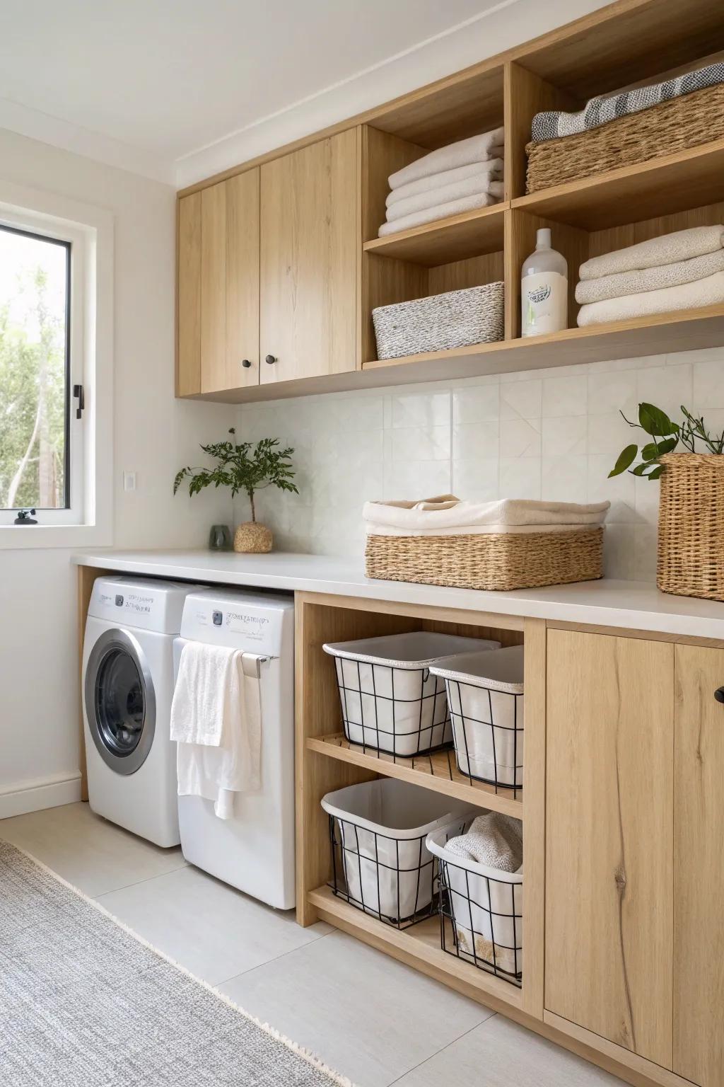 Hide the mess with pull-out hampers that keep your laundry space tidy and organized.