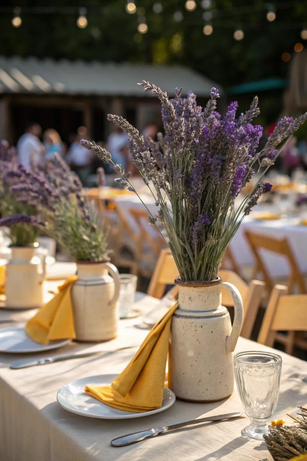 Dried lavender in rustic jugs adds a timeless, nostalgic touch to your wedding tables.
