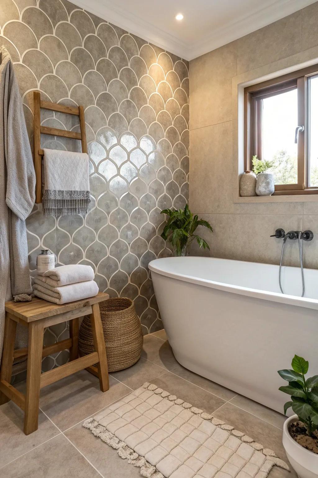 Textured tiles bring an unexpected depth and character to the bathroom wall.