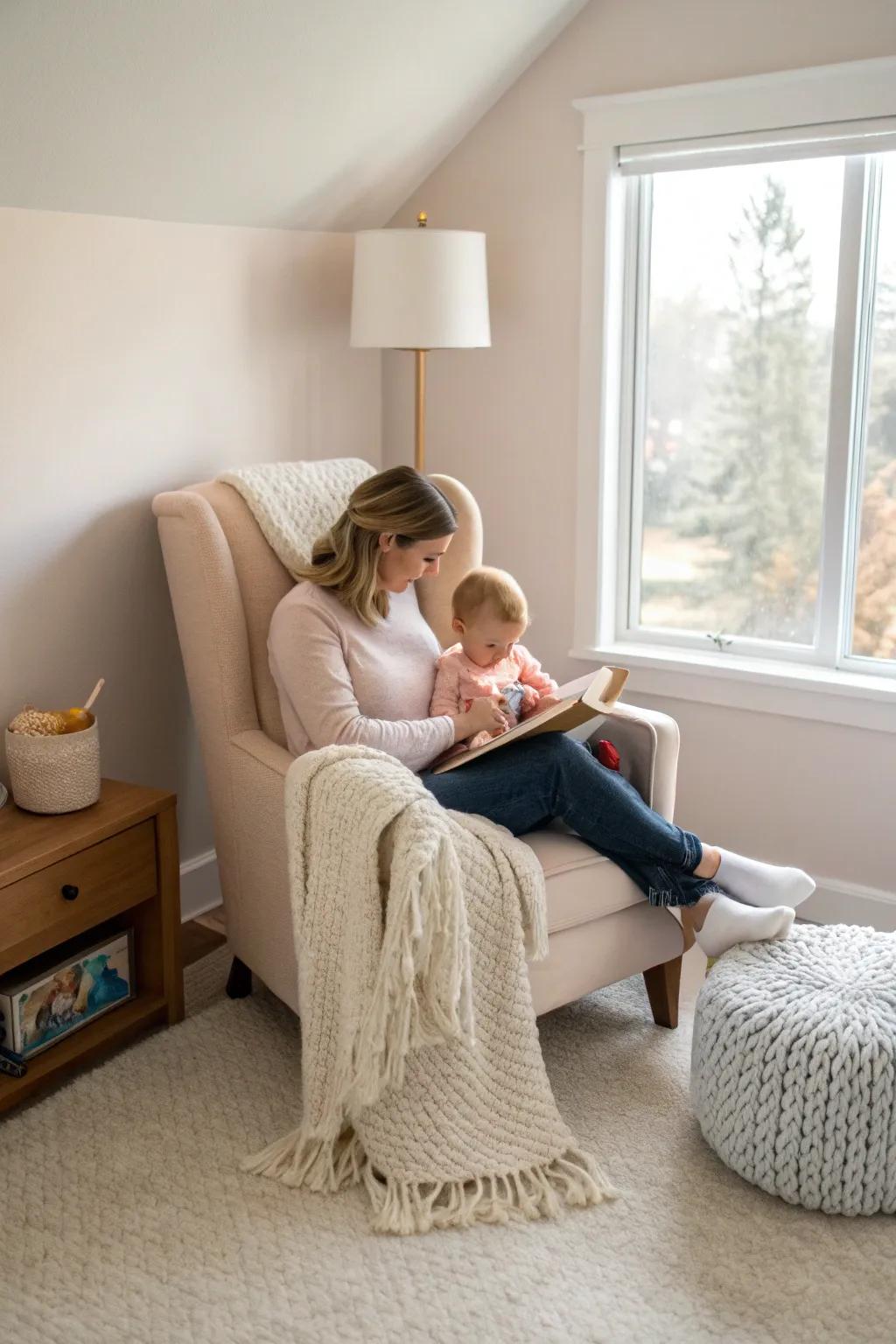 A reading nook offers a snug spot for bonding over stories and dreams.