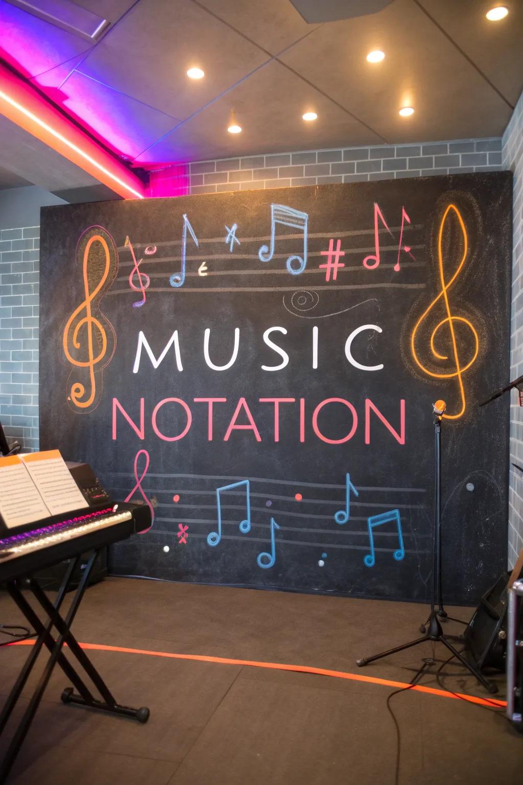 Compose your own melodies with a chalkboard music notation mural that's as interactive as it is inspiring.