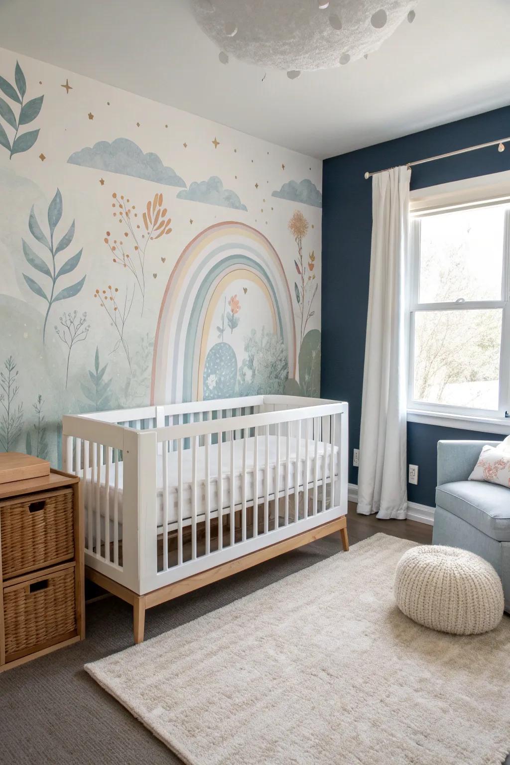 A wall mural adds a serene and artistic touch to the nursery.