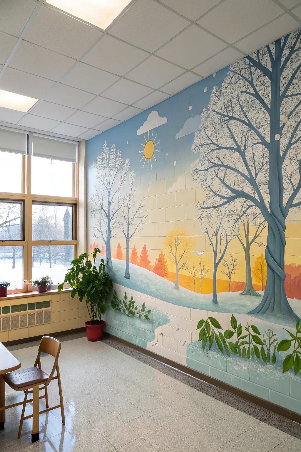 Celebrate the beauty of seasons with a mural that transitions from winter to spring.