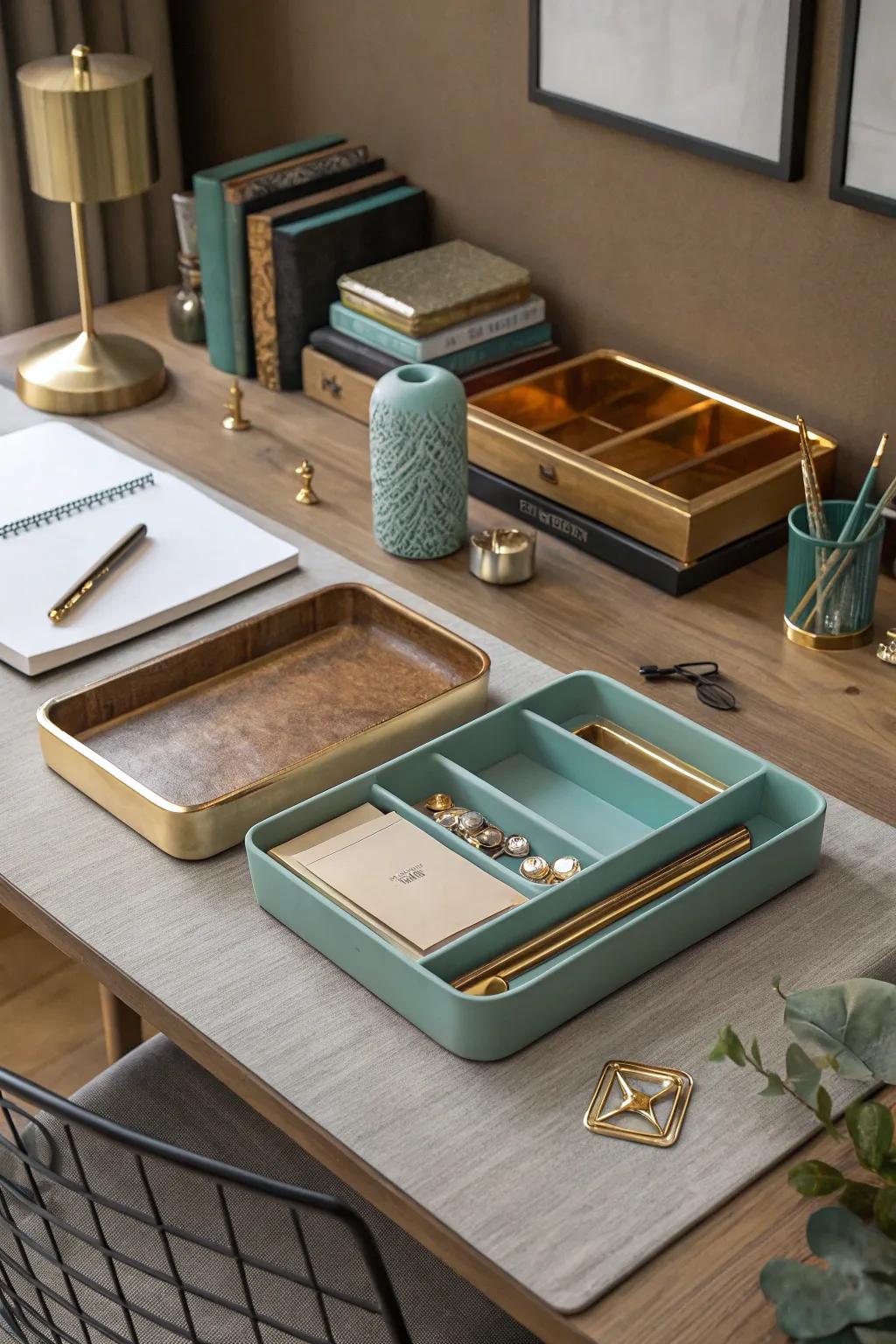 Define your workspace with stylish trays for different tasks.