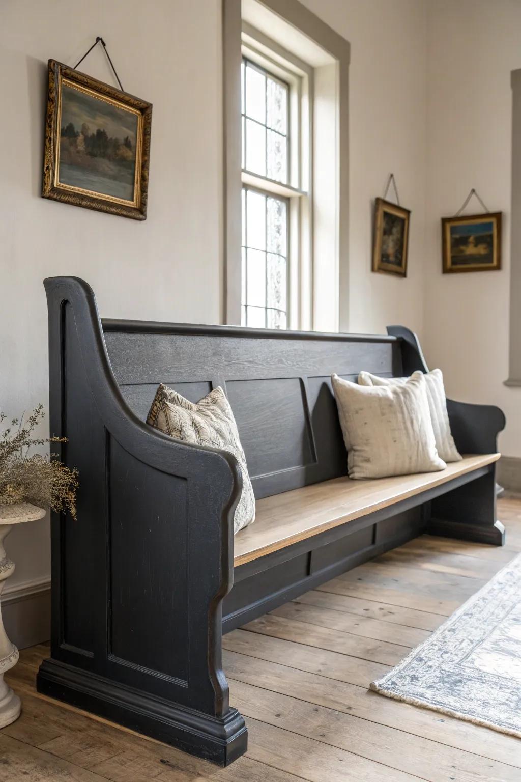 Elevate elegance with a sophisticated dark-hued church pew.