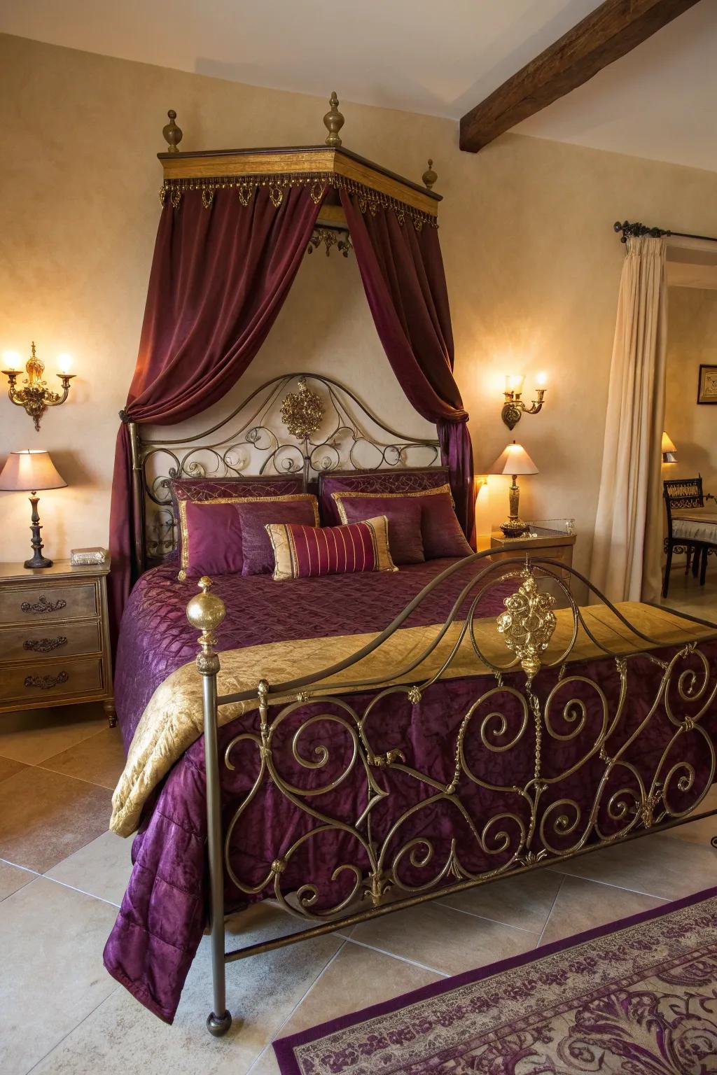 Experience the grandeur of traditional luxury, where rich fabrics and wrought iron create a regal retreat.