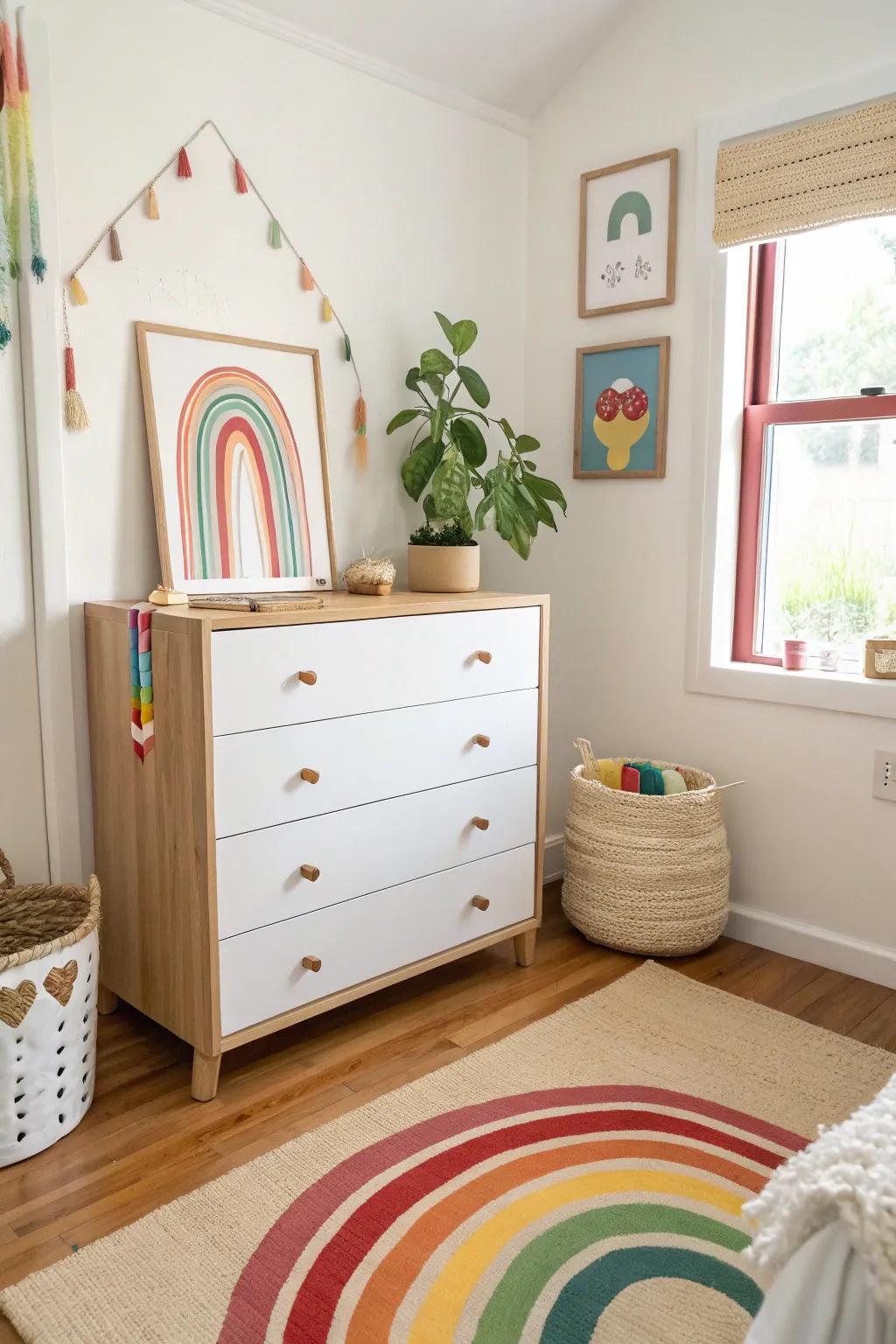 A rainbow dresser stands out as a bold statement piece, adding a burst of color to the room. 🌈 #FurnitureDesign #VibrantDecor