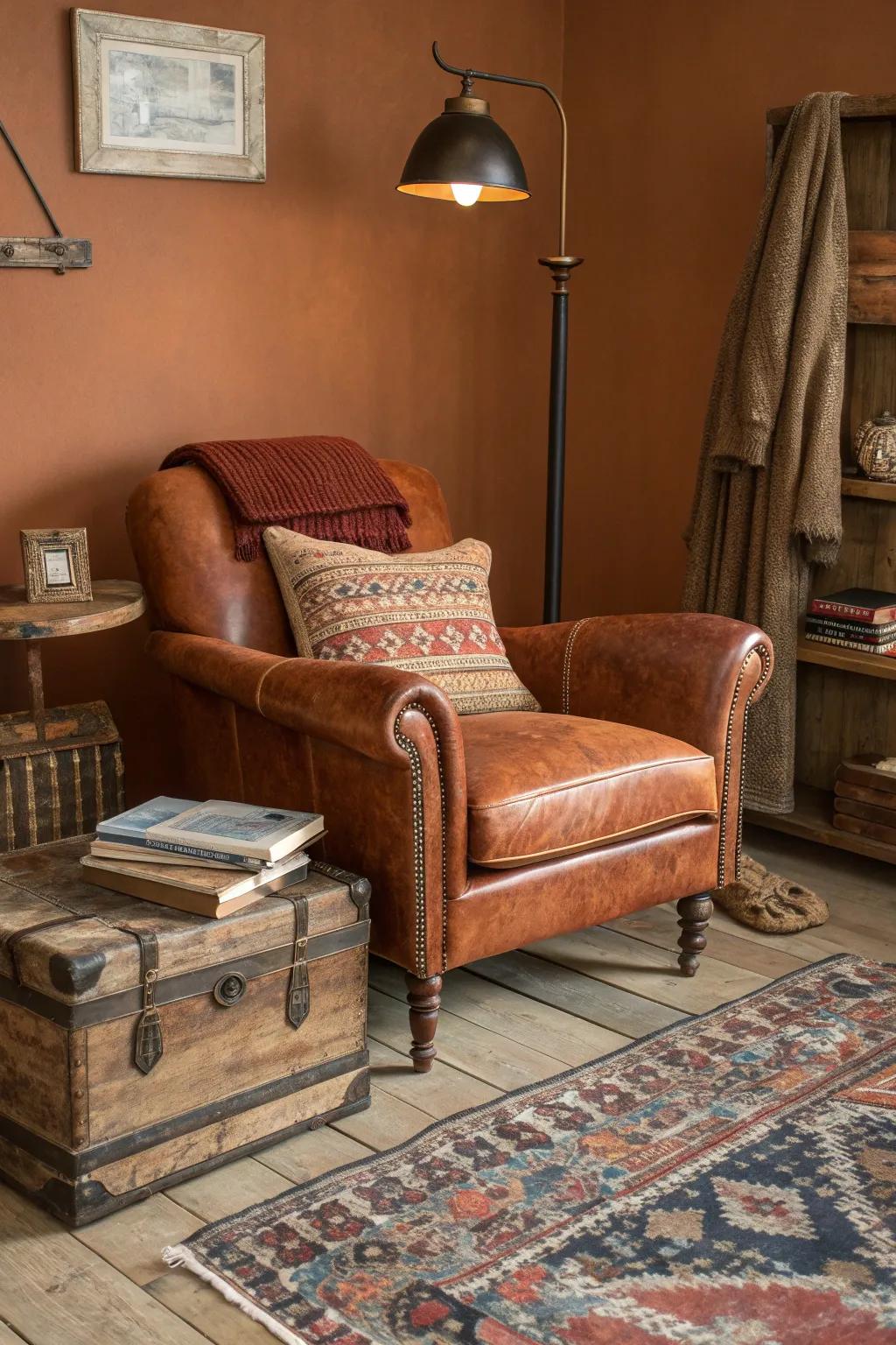 Eclectic vintage finds add character and charm to any rust-themed living space.