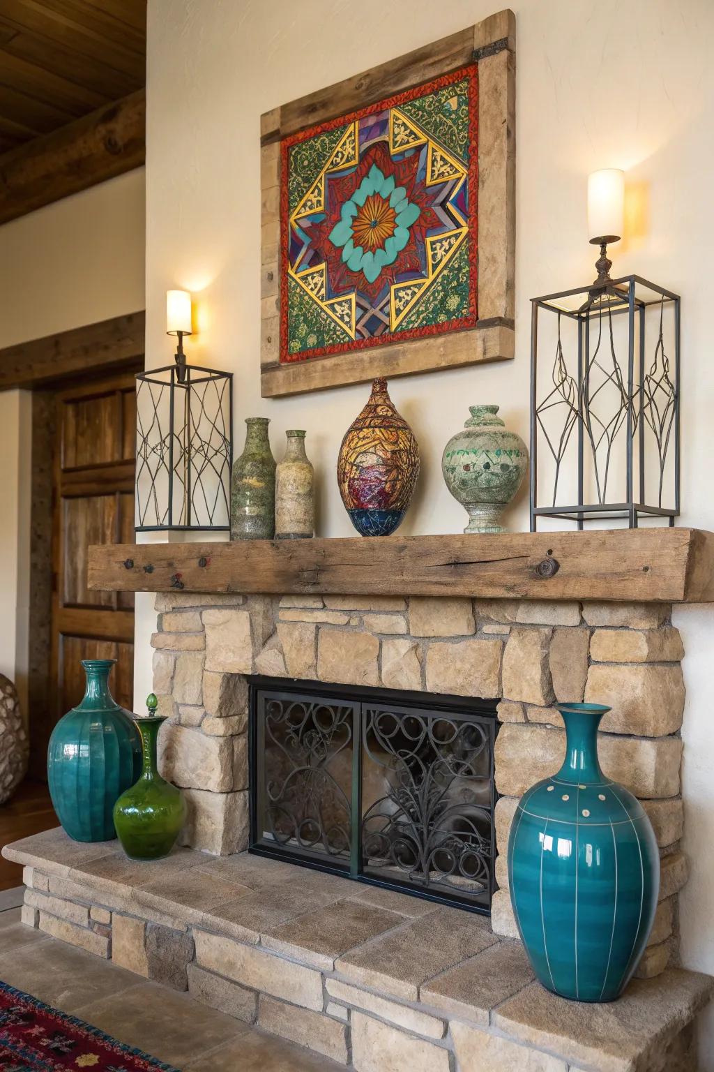 Infuse life into your mantel with colorful accents that stand out.