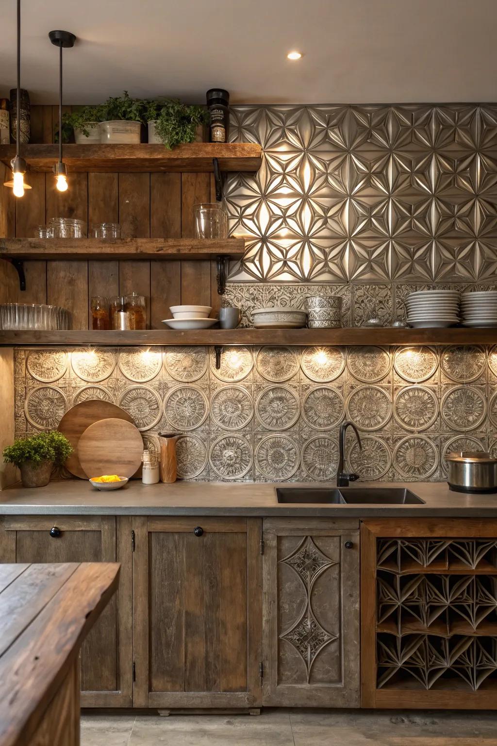 Sophistication meets rustic charm with <strong>geometric tin patterns</strong>, elevating your kitchen’s design. 🔷 #GeometricDesign #KitchenElegance” loading=”lazy” class=”pimg”>
	</picture><figcaption>Sophistication meets rustic charm with <strong>geometric tin patterns</strong>, elevating your kitchen’s design. 🔷 #GeometricDesign #KitchenElegance</figcaption></figure>
<p>Incorporate geometric patterns in your tin backsplash for a modern twist. This unexpected design choice can add a touch of sophistication to a rustic kitchen.</p>
<h3>A few choices to try:</h3>
<ul class=