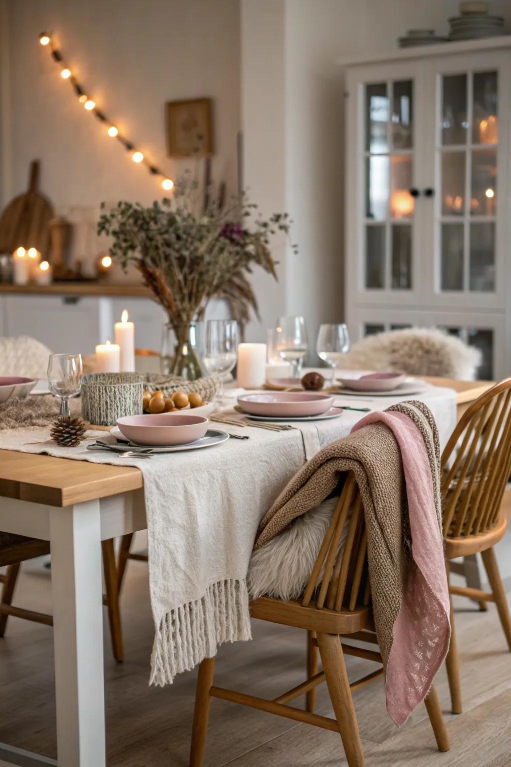 Soft textiles add warmth and coziness to any Scandinavian dining space.