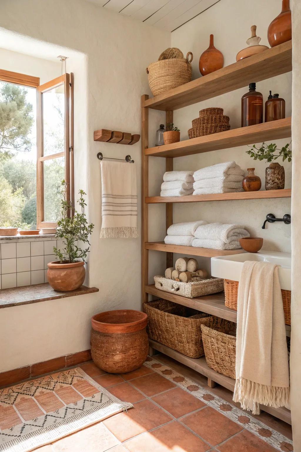 Open shelving showcases your decor and keeps your design airy and functional. #OpenShelving #BathroomStorage