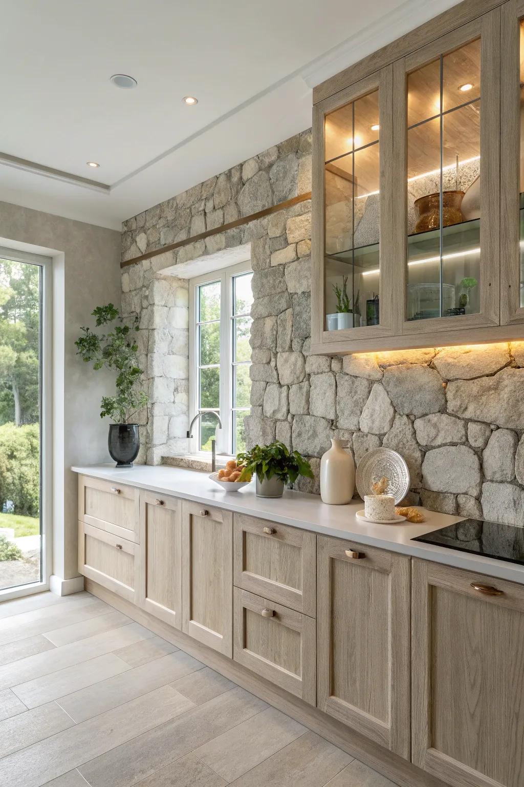 Combine stone with glass for a contemporary kitchen that feels open and inviting.