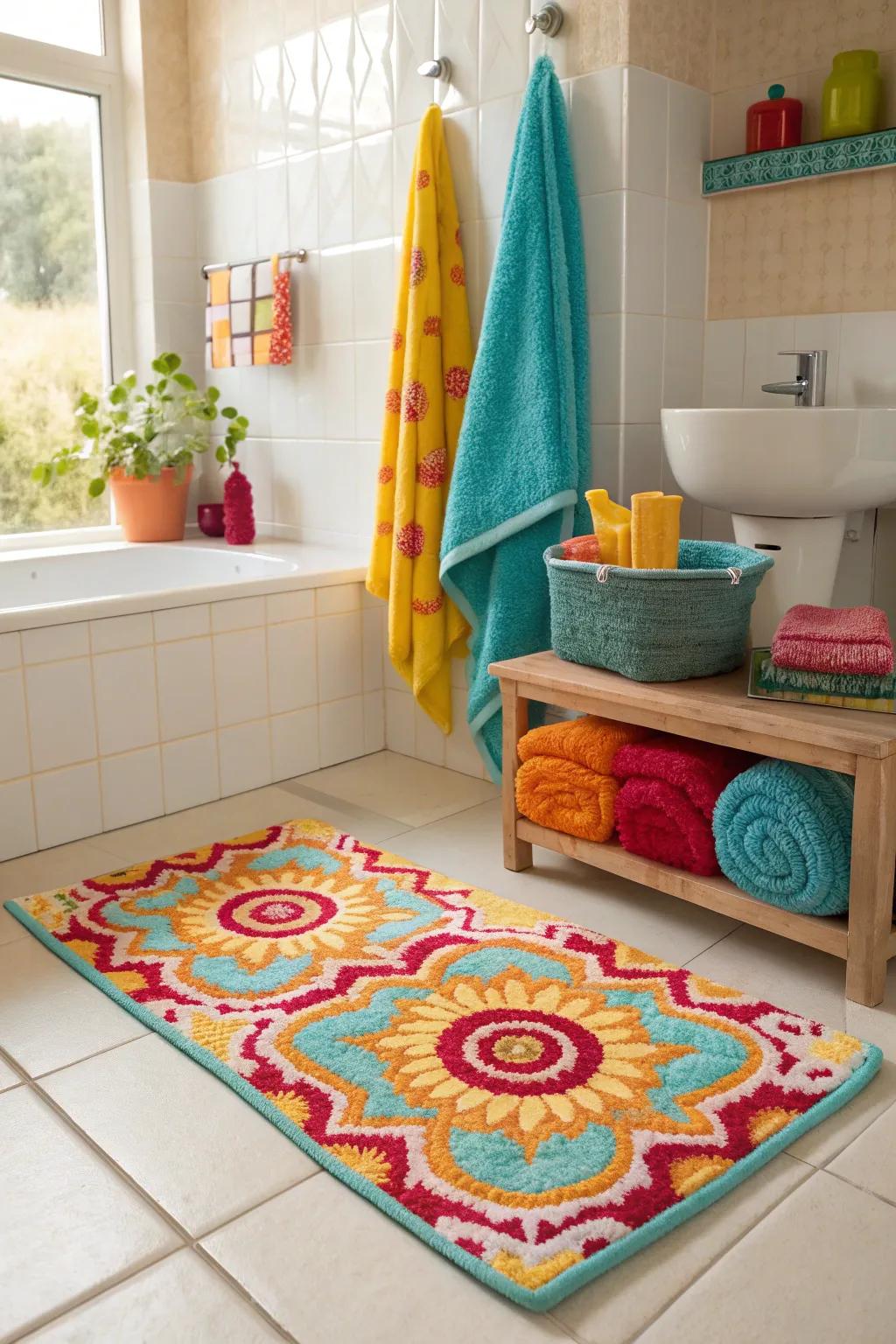 Step onto style with an artful bath mat that adds color and comfort! #BathMat #DesignDetails