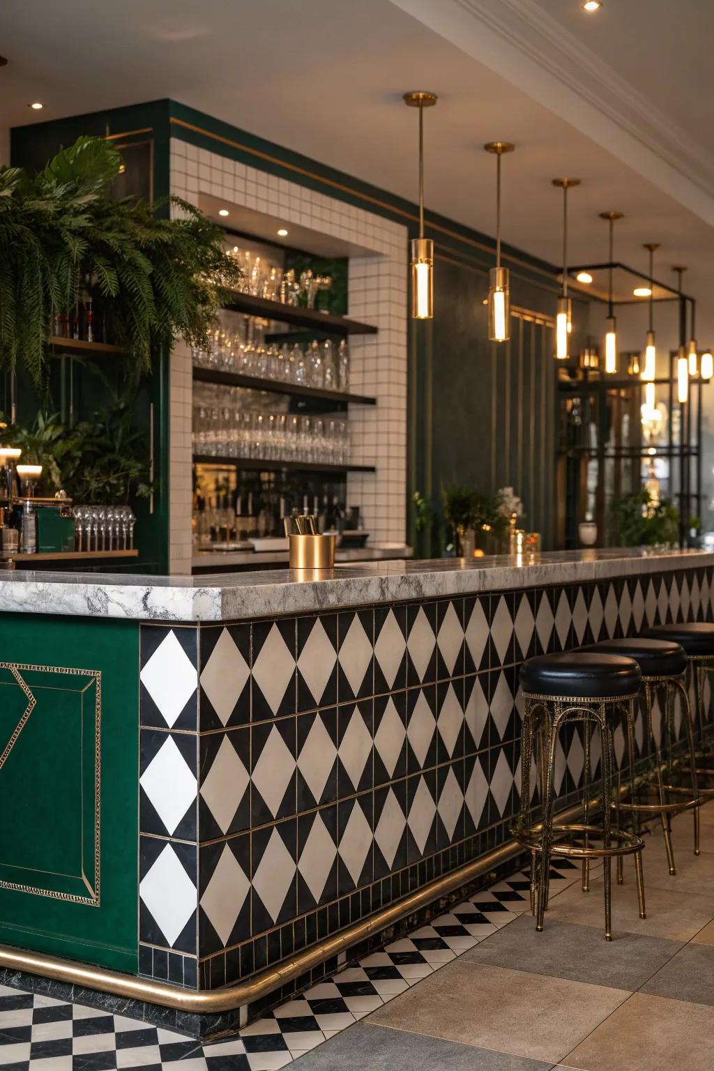 Add playful sophistication with checkerboard tiles that become the heart of your bar area.