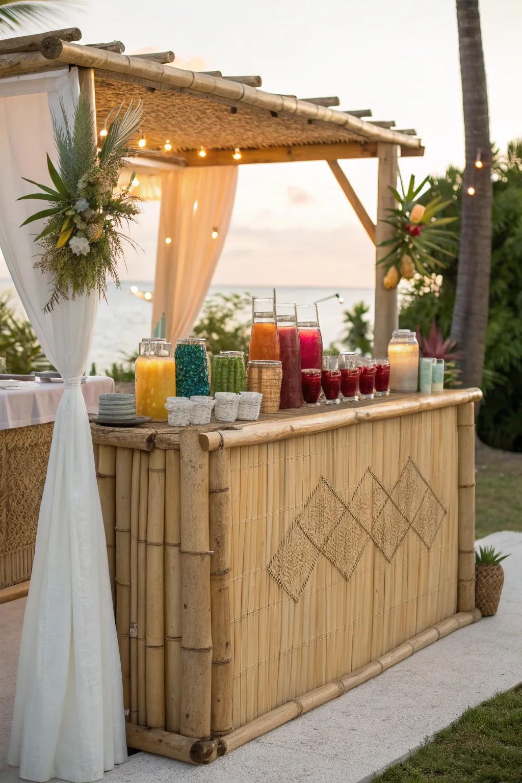 Turn your drinks station into an inviting tiki bar for a true island feel.